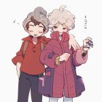  2boys ahoge bangs beanie bede_(pokemon) brown_hair buttons cable_knit closed_eyes coat commentary_request curly_hair gloves grey_headwear hat high_collar highres male_focus multiple_boys musical_note nodori710 open_mouth pants parted_lips partially_fingerless_gloves plaid pokemon pokemon_(game) pokemon_swsh purple_coat red_shirt shirt short_hair simple_background single_glove sleeves_rolled_up smile translation_request upper_teeth victor_(pokemon) watch watch white_background white_shirt 