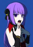  1girl black_choker black_ribbon blue_background choker copyright_request fangs fingernails green_nails hair_ribbon hands_up highres looking_at_viewer nail_polish open_mouth osame purple_hair ribbon sanpaku simple_background solo upper_body vest violet_eyes wristband 