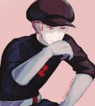  1boy belt black_jacket brown_headwear commentary_request delta_nonbiri gloves grey_belt hand_up hat jacket male_focus pink_background pink_eyes pink_hair pokemon pokemon_(game) pokemon_hgss short_hair simple_background solo squatting team_rocket team_rocket_grunt team_rocket_uniform white_gloves 