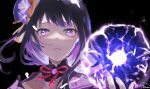  1girl artist_name bangs black_background closed_mouth commentary_request electricity eyeliner genshin_impact long_hair looking_at_viewer makeup mole mole_under_eye nayuta_(user_nnch7844) purple_hair raiden_shogun ribbon solo violet_eyes 