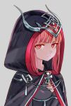  1girl black_cape cape closed_mouth headpiece hood hood_up hooded_cape kantai_collection looking_at_viewer luicent medium_hair red_eyes redhead simple_background solo upper_body white_background z3_max_schultz_(kancolle) 