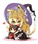  2girls animal_ears apron bangs black_dress black_footwear black_headwear blonde_hair blush brown_eyes brown_hair cat_ears cat_girl cat_tail character_doll chibi collared_shirt colored_shadow commentary_request covered_mouth detached_sleeves dress eyebrows_visible_through_hair hair_between_eyes hakurei_reimu hat heart kemonomimi_mode kirisame_marisa long_hair long_sleeves multiple_girls piyokichi puffy_short_sleeves puffy_sleeves red_eyes red_shirt red_skirt shadow shirt shoes short_sleeves sitting skirt sleeveless sleeveless_shirt tail touhou very_long_hair waist_apron white_apron white_background white_sleeves witch_hat 