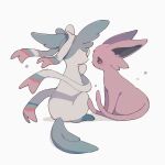  alternate_color closed_eyes commentary_request espeon forked_tail gen_2_pokemon gen_6_pokemon highres no_humans nodori710 open_mouth pokemon pokemon_(creature) shiny_pokemon sitting star_(symbol) sylveon tail violet_eyes white_background 