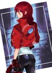  1girl absurdres akira ass blush boots cyberpunk emi_star from_behind gloves hair_over_one_eye highres jacket kirijou_mitsuru long_hair looking_at_viewer pants persona persona_3 red_eyes redhead simple_background solo 