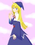  1girl absurdres bangs blonde_hair blue_dress blue_eyes blush boots broom dress eyebrows_visible_through_hair happy hat highres long_hair long_sleeves looking_at_viewer madou_monogatari puyo_(puyopuyo) puyopuyo self_upload simple_background skirt smile solo v witch witch_(puyopuyo) 