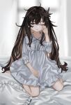  1girl ahoge barefoot big_hair blue_eyes brown_hair dot_nose dress elisia_valfelto full_body grey_dress hand_on_own_face hand_up highres kneeling long_hair long_sleeves looking_at_viewer luicent messy_hair neck_ribbon on_bed one_eye_closed original parted_lips pillow ribbon rubbing_eyes sleepy solo very_long_hair white_neckwear white_ribbon 