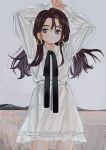  1girl black_neckwear black_ribbon blue_eyes brown_hair closed_mouth cowboy_shot dress earrings elisia_valfelto hands_above_head hands_up highres jewelry long_hair long_ribbon long_sleeves looking_at_viewer luicent neck_ribbon original ribbon solo standing white_dress 