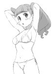  1girl armpits bangs bikini blunt_bangs blush_stickers breasts copyright_request eyebrows_visible_through_hair greyscale hands_up highres looking_at_viewer medium_breasts monochrome navel osame parted_lips side-tie_bikini simple_background solo swimsuit twintails white_background 