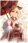  1girl :3 animal_ears blonde_hair bob_cut border braid closed_mouth cup granblue_fantasy hair_ornament highres holding holding_cup looking_at_viewer medium_hair obi oil-paper_umbrella red_eyes red_sash red_umbrella runemill sash smile solo steam twitter_username umbrella upper_body vajra_(granblue_fantasy) white_border 