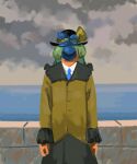  1girl :s bangs black_headwear black_skirt blue_neckwear brick_wall clouds collared_shirt cowboy_shot english_commentary facing_viewer fine_art_parody green_hair hat hat_ribbon hidden_face highres horizon jacket komeiji_koishi le_fils_de_l&#039;homme long_sleeves necktie numenoko ocean outdoors parody ribbon shirt short_hair skirt sky solo standing tan_tan_pou the_son_of_man third_eye touhou white_shirt yellow_jacket yellow_ribbon 