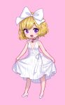  1girl :d absurdres alternate_costume ama-tou bangs bare_arms bare_shoulders black_choker black_neckwear blonde_hair bow chibi choker collarbone contrapposto dress elly_(tonari_no_kyuuketsuki-san) eyebrows_visible_through_hair full_body gem hair_between_eyes hair_bow halter_dress halterneck high_heels highres jaggy_line jewelry large_bow looking_at_viewer looking_to_the_side medium_dress no_nose no_socks official_art open_mouth pendant pendant_choker pink_background pumps ribbon shoes short_hair simple_background skirt_hold sleeveless sleeveless_dress smile solo standing swept_bangs tonari_no_kyuuketsuki-san violet_eyes wavy_hair white_bow white_dress white_footwear white_ribbon 