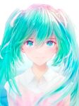  1girl absurdres bangs blue_eyes blue_hair closed_mouth collared_shirt hair_between_eyes hatsune_miku highres long_hair looking_at_viewer ojay_tkym portrait shiny shiny_hair shirt smile solo twintails vocaloid white_shirt wing_collar 