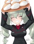  1girl anchovy_(girls_und_panzer) artist_name blush bread breasts closed_eyes dated drill_hair food girls_und_panzer green_hair grin highres kuromorimine_military_uniform kuzuryuu_kennosuke large_breasts military military_uniform simple_background smile solo twin_drills twintails uniform upper_body white_background 