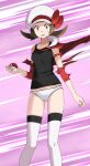  1girl black_shirt bow breasts brown_eyes brown_hair collarbone hat hat_bow hat_ribbon highres holding holding_poke_ball long_hair looking_at_viewer low_twintails lyra_(pokemon) open_mouth panties poke_ball pokemon pokemon_(game) pokemon_hgss purple_background red_bow red_ribbon ribbon scared shiny shiny_hair shirt sleeveless sleeveless_shirt small_breasts solo standing sweatdrop tearing_up thigh-highs tsukishiro_saika twintails underwear white_headwear white_legwear white_panties 