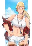  1girl abs armor blonde_hair blue_eyes collarbone crop_top final_fantasy final_fantasy_xiv greaves jacket jewelry lyse_hext muscular muscular_female navel necklace red_jacket sei_(seiryuuden) short_shorts shorts smile solo stomach thigh-highs 