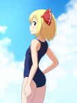  1girl ass bare_arms barefoot blonde_hair blue_sky cato_(monocatienus) clouds commentary cowboy_shot day flat_ass flat_chest from_side hair_ribbon highres looking_at_viewer one-piece_swimsuit open_mouth outdoors red_eyes red_ribbon ribbon rumia short_hair sky solo swimsuit touhou white_swimsuit 
