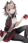  1girl :d antenna_hair apple arknights arm_at_side bangs black_jacket black_legwear black_skirt breasts brown_eyes eyebrows_visible_through_hair eyeshadow feet_out_of_frame food from_side fruit grey_shirt high_collar highres holding holding_food holding_fruit horns hutuu_(1121) injury jacket long_sleeves looking_at_viewer looking_to_the_side makeup medium_breasts miniskirt open_clothes open_jacket open_mouth pantyhose redhead shirt short_hair silver_hair simple_background skirt smile solo w_(arknights) white_background 
