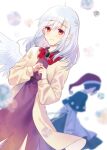  2girls angel_wings beige_jacket black_capelet blue_hair blurry blurry_background blush bow bowtie braid capelet doremy_sweet dress eyebrows_visible_through_hair french_braid furrowed_brow hair_between_eyes hat highres kishin_sagume light_smile long_hair long_sleeves looking_at_viewer multiple_girls pom_pom_(clothes) purple_dress red_eyes red_neckwear santa_hat shirt silver_hair single_wing touhou touya_(konpekitou) white_shirt wings 