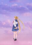  1girl absurdres anxflower arms_behind_back back_bow bishoujo_senshi_sailor_moon blonde_hair blue_bow blue_sailor_collar blue_skirt bow bowtie collared_shirt double_bun floating_hair full_body gradient_sky highres holding long_hair long_sleeves looking_up miniskirt pleated_skirt profile red_bow red_neckwear sailor_collar sailor_shirt shiny shiny_hair shirt skirt sky socks solo standing tsukino_usagi twintails very_long_hair white_legwear white_shirt 