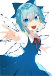  1girl blue_dress blue_eyes blue_hair bow cirno dress hair_bow highres ice ice_wings ikasoba outstretched_arm outstretched_arms puffy_short_sleeves puffy_sleeves red_neckwear short_hair short_sleeves simple_background smile touhou white_background wings 