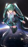  1girl absurdly_long_hair absurdres aqua_eyes aqua_hair aqua_nails aqua_neckwear bare_shoulders black_legwear black_skirt black_sleeves bloom boots city_lights commentary detached_sleeves earth_(planet) floating full_body grey_shirt hair_ornament hatsune_miku headphones headset highres huge_filesize long_hair looking_at_viewer miniskirt mumei_ponchi nail_polish necktie planet pleated_skirt shirt shoulder_tattoo skirt sky sleeveless sleeveless_shirt smile solo space star_(sky) starry_sky tattoo thigh-highs thigh_boots twintails very_long_hair vocaloid zettai_ryouiki 