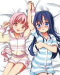  2girls arm_up bangs black_hair blue_eyes blunt_bangs blush cardigan dress hand_on_own_chest highres holding_hands long_hair lying magia_record:_mahou_shoujo_madoka_magica_gaiden mahou_shoujo_madoka_magica multiple_girls nanami_yachiyo on_back open_mouth pink_cardigan pink_eyes pink_hair pink_shorts ponytail short_dress short_shorts short_sleeves shorts smile striped striped_cardigan striped_dress striped_shorts tamaki_iroha yappariga 