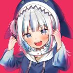  1girl :d animal_hood bangs blue_hair blue_hoodie blush commentary drawstring eyebrows_visible_through_hair gawr_gura grey_eyes grey_hair hands_up hololive hololive_english hood hood_up hoodie long_sleeves looking_at_viewer midorikawa_you multicolored_hair open_mouth red_background shark_hood sharp_teeth simple_background smile solo streaked_hair teeth v-shaped_eyebrows virtual_youtuber wide_sleeves 