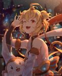  1girl :3 :d absurdres ahoge andira_(granblue_fantasy) bare_shoulders breasts detached_sleeves from_side granblue_fantasy highres huge_filesize long_sleeves looking_at_viewer looking_to_the_side monkey one_eye_closed open_mouth pixiv_id red_eyes runemill small_breasts smile solo twintails twitter_username two_side_up waving 