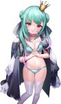  1girl bangs bikini black_coat breasts coat coat_on_shoulders commentary_request crown double_bun eyebrows_visible_through_hair feet_out_of_frame fuyouchu gradient_hair green_bikini green_hair green_nails hands_clasped highres hololive long_hair long_sleeves looking_at_viewer medium_breasts mini_crown multicolored_hair nail_polish navel own_hands_together pink_hair red_eyes simple_background smile solo standing stomach swimsuit thigh-highs tilted_headwear twintails uruha_rushia virtual_youtuber white_background white_legwear 