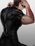  1boy absurdres black_pants black_shirt brown_hair closed_eyes command_spell fate/stay_night fate_(series) from_behind from_side highres kotomine_kirei male_focus medium_hair muscular muscular_male pants pectorals rijjin shirt short_sleeves simple_background solo taut_clothes taut_shirt wet 