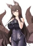  1girl alternate_costume amagi_(azur_lane) animal_ears azur_lane bangs bikini black_bikini black_bodysuit black_hair blunt_bangs bodysuit breasts commentary_request eyebrows_visible_through_hair eyeshadow fox_ears fox_girl fox_tail hair_ornament hand_on_own_chin kyuubi large_breasts long_hair looking_at_viewer makeup multiple_tails sidelocks simple_background skin_tight smile smirk solo steed_(steed_enterprise) swimsuit tail thick_eyebrows violet_eyes white_background 