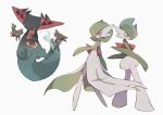  closed_mouth colored_skin commentary_request dragapult dreepy floating gallade gardevoir gen_3_pokemon gen_4_pokemon gen_8_pokemon highres legs_apart looking_down nodori710 orange_eyes pokemon pokemon_(creature) simple_background smile standing white_background white_skin 