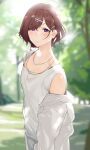  absurdres blurry blurry_background brown_hair collarbone cowboy_shot hair_ornament hairclip highres higuchi_madoka idolmaster idolmaster_shiny_colors jacket jewelry looking_at_viewer mole mole_under_eye necklace off_shoulder outdoors pol_winner shirt short_hair tank_top violet_eyes white_jacket white_shirt white_tank_top 