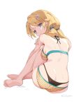  back barefoot beads bikini blonde_hair flower from_behind hachimiya_meguru hair_beads hair_flower hair_ornament highres idolmaster idolmaster_shiny_colors ponchan_ponc sitting striped striped_bikini swimsuit thong twintails wet 