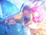 2girls asahi_rokka bang_dream! blue_hair blush green_eyes ice_cream lock_(bang_dream!) long_hair official_art poolside smile sunlight swimsuit table tamade_chiyu tree water_drop