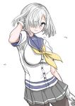  1girl 30-06 bangs black_legwear blue_eyes blue_sailor_collar breasts closed_mouth gloves grey_skirt hair_ornament hair_over_one_eye hairclip hamakaze_(kancolle) hand_in_hair highres kantai_collection large_breasts looking_at_viewer neckerchief pantyhose pleated_skirt sailor_collar school_uniform serafuku short_hair short_sleeves simple_background skirt solo white_background white_gloves yellow_neckwear 