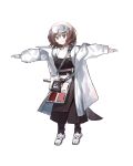  1girl arknights bangs brown_hair coat commentary_request eyebrows_visible_through_hair full_body genieko goggles goggles_on_head grey_eyes highres long_sleeves looking_at_viewer open_clothes open_coat roberta_(arknights) shoes short_hair simple_background smile solo standing t-pose white_background white_coat white_footwear 