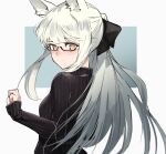  1girl absurdres alternate_costume animal_ear_fluff animal_ears ao_oni_(onioni-aoi) arknights bespectacled black-framed_eyewear black_bow black_sweater blush bow bright_pupils closed_mouth from_behind glasses hair_bow highres horse_ears long_hair long_sleeves looking_at_viewer looking_back platinum_(arknights) ponytail semi-rimless_eyewear sidelocks silver_hair sleeves_past_wrists solo sweater two-tone_background under-rim_eyewear upper_body yellow_eyes 