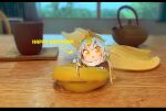  1boy :d absurdres banana_peel bananan_(niwarhythm) blurry blurry_background blush depth_of_field gloves highres letterboxed looking_at_viewer miniboy niwarhythm open_mouth original smile solo waving white_gloves wide-eyed yellow_eyes 