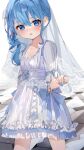  1girl absurdres bangs blue_eyes blue_hair blue_nails collarbone commentary_request dress eyebrows_visible_through_hair highres hololive hoshimachi_suisei jewelry kneeling looking_at_viewer ring side_ponytail solo thigh-highs veil virtual_youtuber wedding_dress wedding_ring white_dress white_legwear yoru_uyo 