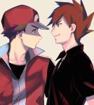  2boys bangs baseball_cap black_shirt blue_oak blush brown_hair collared_shirt commentary dated delta_nonbiri eye_contact grin hat jacket jewelry looking_at_another male_focus multiple_boys necklace pokemon pokemon_(game) pokemon_frlg popped_collar red_(pokemon) red_headwear red_jacket shirt short_hair sleeveless sleeveless_jacket smile spiky_hair teeth upper_body 