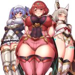  3girls android animal_ears bangs black_gloves blunt_bangs breasts cat_ears chest_jewel earrings facial_mark fingerless_gloves gloves highleg highleg_leotard jewelry large_breasts leotard long_hair low_twintails maid nia_(blade)_(xenoblade) nia_(xenoblade) poppi_(xenoblade) poppi_qt_(xenoblade) pyra_(xenoblade) red_eyes red_legwear red_shorts redhead short_hair short_shorts shorts silver_hair swept_bangs thigh-highs tiara twintails tyranu very_long_hair xenoblade_chronicles_(series) xenoblade_chronicles_2 yellow_eyes 