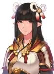  1girl bangs black_hair blunt_bangs collarbone commentary_request expressionless eyes_visible_through_hair hair_ornament highres hikichi_sakuya long_hair looking_at_viewer minoto monster_hunter_(series) monster_hunter_rise pointy_ears simple_background solo upper_body white_background yellow_eyes 