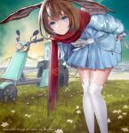  1girl amiya_(arknights) amiya_(fresh_fastener)_(arknights) animal_ear_legwear animal_ears arknights artist_name berylmini blue_coat blue_eyes blue_skirt brown_hair character_name coat commentary_request copyright_name english_commentary feet_out_of_frame flower grass ground_vehicle headlight leaning_forward looking_at_viewer mixed-language_commentary motor_vehicle mountainous_horizon official_alternate_costume rabbit_ears red_scarf scarf scooter short_hair skirt sky solo standing thigh-highs white_flower white_legwear 