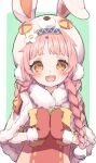  1girl :d animal_hood blush braid bunny_hood capelet earmuffs fur-trimmed_capelet fur-trimmed_mittens fur_trim green_background hands_together highres hood long_hair looking_at_viewer low_twin_braids mimi_(princess_connect!) namaonpa open_mouth pink_hair princess_connect! smile solo twin_braids two-tone_background upper_body white_background yellow_eyes 