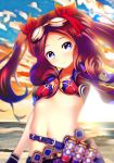  1girl backlighting bangs beach belt bikini bikini_top blue_eyes blue_shorts blue_sky blush breasts brown_gloves brown_hair capsule collarbone fate/grand_order fate_(series) fingerless_gloves forehead gloves goggles gradient_sky hair_ribbon highres jewelry leonardo_da_vinci_(fate) leonardo_da_vinci_(swimsuit_ruler)_(fate) long_hair looking_at_viewer navel necklace orange_sky parted_bangs puffy_short_sleeves puffy_sleeves red_bikini red_ribbon ribbon short_shorts short_sleeves shorts shrug_(clothing) sidelocks sky small_breasts smile solo sunlight sunset suntakuchan swimsuit twilight twintails 