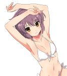  1girl arms_up bangs bikini breasts closed_mouth collarbone commentary_request dutch_angle eyebrows_visible_through_hair groin highres hotaru_iori ichimi_renge light_blush looking_at_viewer nagato_yuki navel purple_hair second-party_source simple_background small_breasts solo suzumiya_haruhi_no_yuuutsu swimsuit white_background white_bikini yellow_eyes 