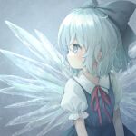  1girl bangs blue_bow blue_eyes blue_hair bow cirno closed_mouth highres looking_to_the_side short_hair solo touhou user_dpzr3725 
