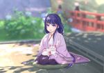  1girl :d animal_on_lap beiyi16 blurry blurry_background fox genshin_impact haori highres japanese_clothes kimono long_hair looking_at_viewer open_mouth purple_hair raiden_shogun signature sitting smile solo twitter_username very_long_hair violet_eyes younger 