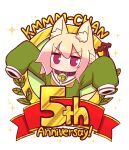  1girl animal_ear_fluff animal_ears anniversary bangs bell blonde_hair blush brown_collar character_name collar commentary_request eyebrows_visible_through_hair fox_ears green_shirt hair_between_eyes hair_bun hair_ornament highres jingle_bell kemomimi-chan_(naga_u) long_sleeves looking_at_viewer naga_u neck_bell orange_neckwear original sailor_collar shirt simple_background sleeves_past_fingers sleeves_past_wrists solo sparkle v-shaped_eyebrows violet_eyes white_background white_sailor_collar 